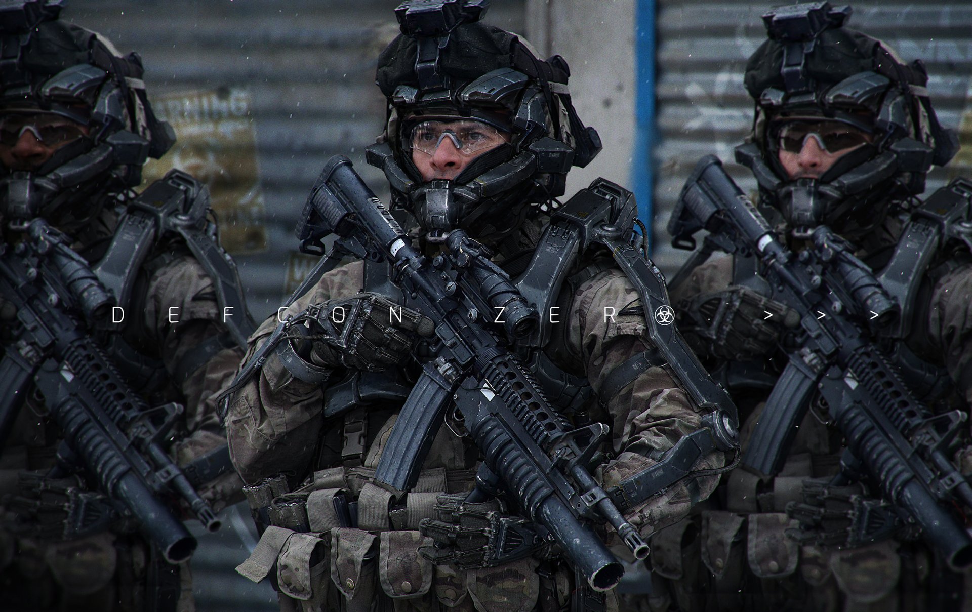 HD sci‑fi PC desktop wallpaper: three camouflaged soldiers in advanced tactical armor and helmets, each gripping futuristic rifles, poised for action in an urban military setting.