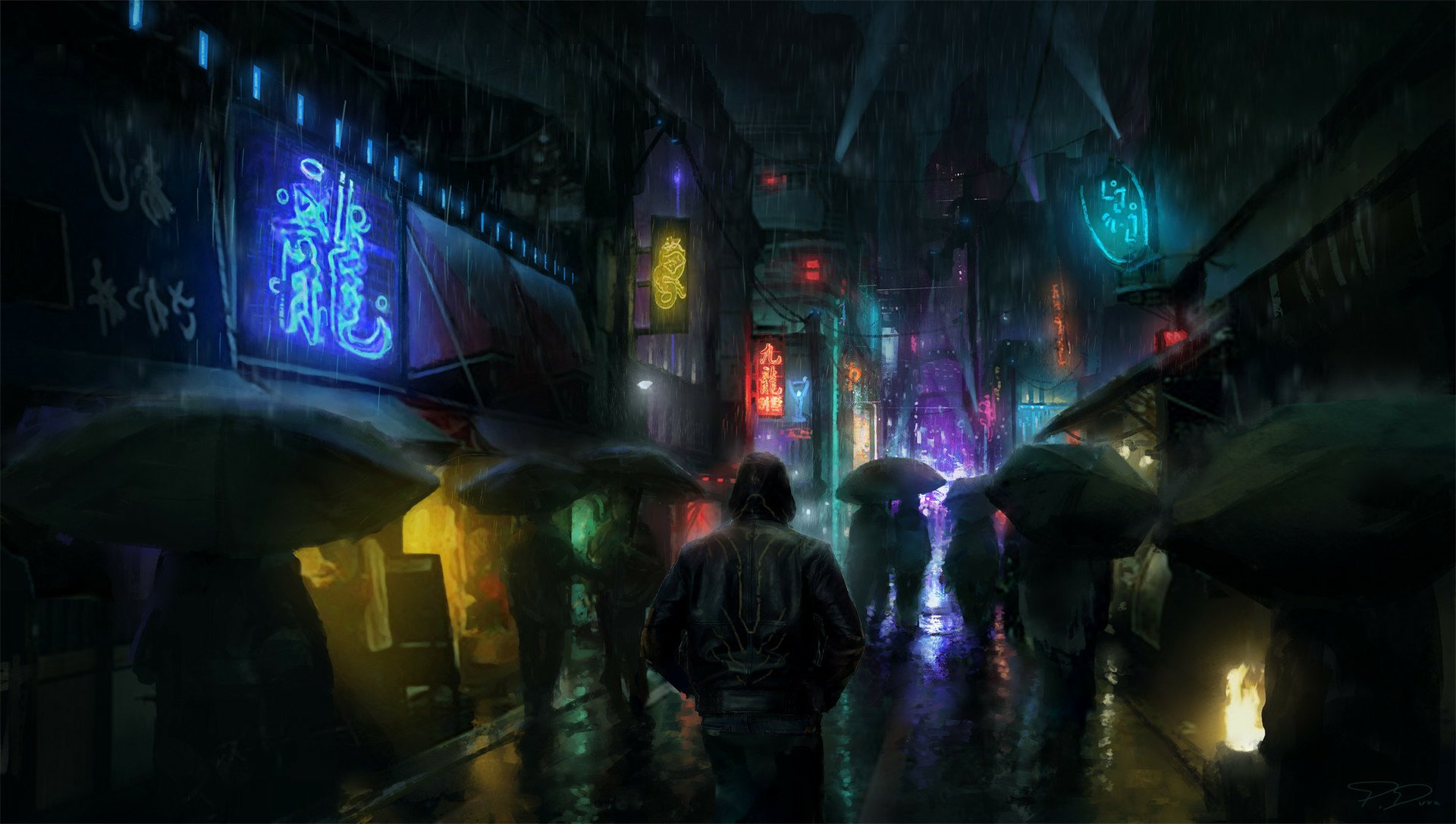 A cyberpunk city street at night with neon lights, rain, and people holding umbrellas, creating a moody, sci-fi atmosphere in HD.