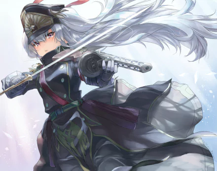 HD desktop wallpaper featuring Gunpuku no Himegimi (Altair) from Re:Creators anime. The character is depicted in detailed artwork with a striking pose and sword, adorned in her distinctive military attire.