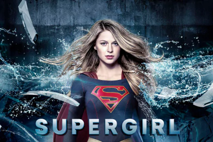 HD desktop wallpaper featuring Melissa Benoist as Supergirl from the TV show Supergirl, with a dramatic backdrop of broken glass and an intense, powerful pose.