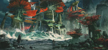 HD fantasy landscape desktop wallpaper featuring towering cliffs, cascading waterfalls, and vibrant red structures, with powerful waves crashing below.