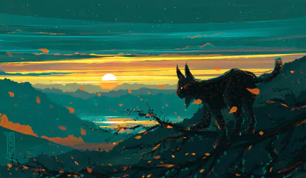 HD desktop wallpaper of a fantasy landscape featuring a lynx silhouette against a stunning sunset backdrop, with a glowing sky and serene mountains in the distance.