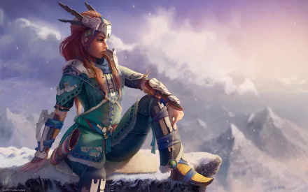 Aloy, the redhead protagonist from Horizon Zero Dawn, sits on a snowy cliff overlooking mountains in this 4K Ultra HD video game desktop wallpaper.