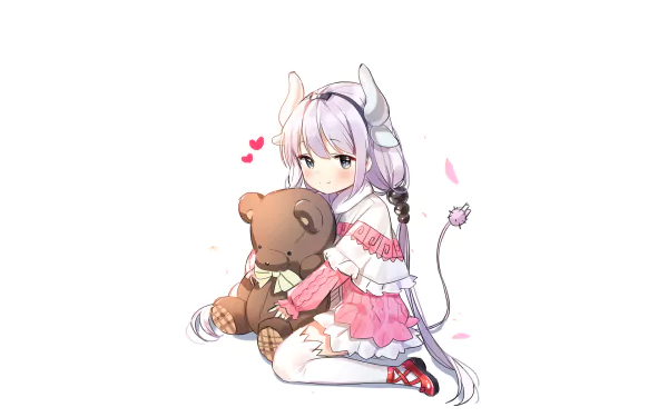 HD anime desktop wallpaper featuring Kanna Kamui from Miss Kobayashi's Dragon Maid sitting with a large teddy bear, surrounded by soft pink hearts.