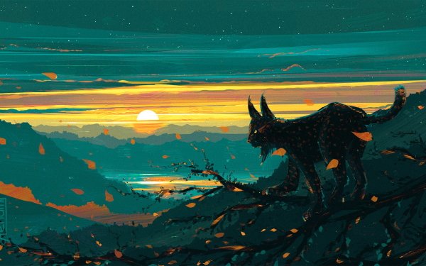 Fantasy Animal Fantasy Animals Lynx Sunset Landscape HD Wallpaper | Background Image