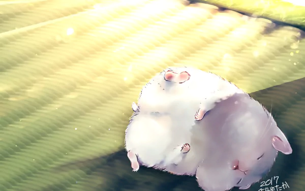 A cute anime-style hamster bathed in warm sunlight, casting soft shadows on a textured surface, depicted in vibrant HD for a charming PC desktop wallpaper.