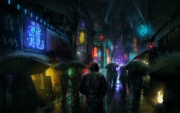 Sci Fi Cyberpunk People Rain Umbrella Night Light HD Wallpaper | Background Image