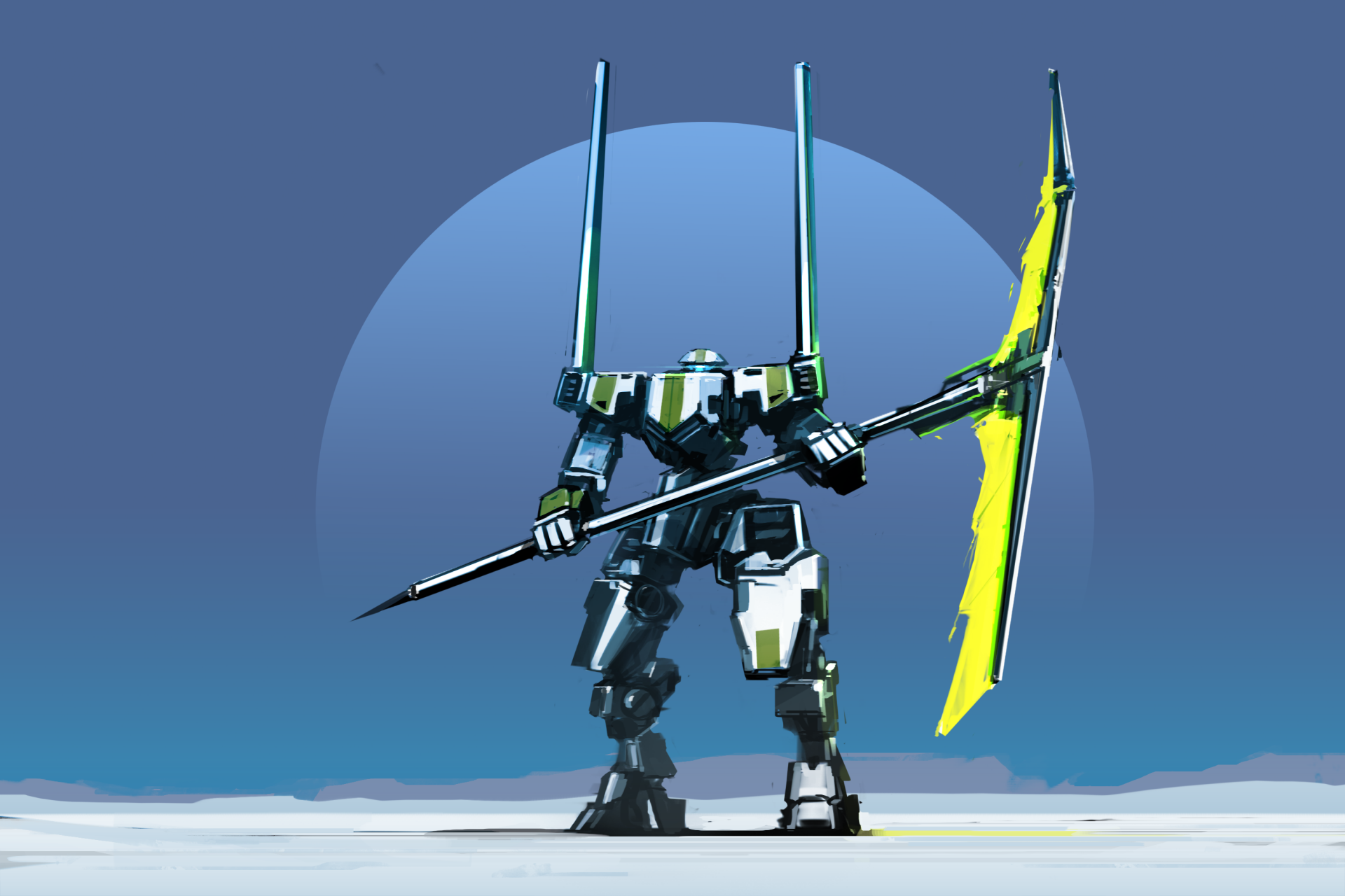 HD sci-fi PC wallpaper featuring a futuristic robot standing with a large yellow energy weapon against a blue background with a glowing circular element.