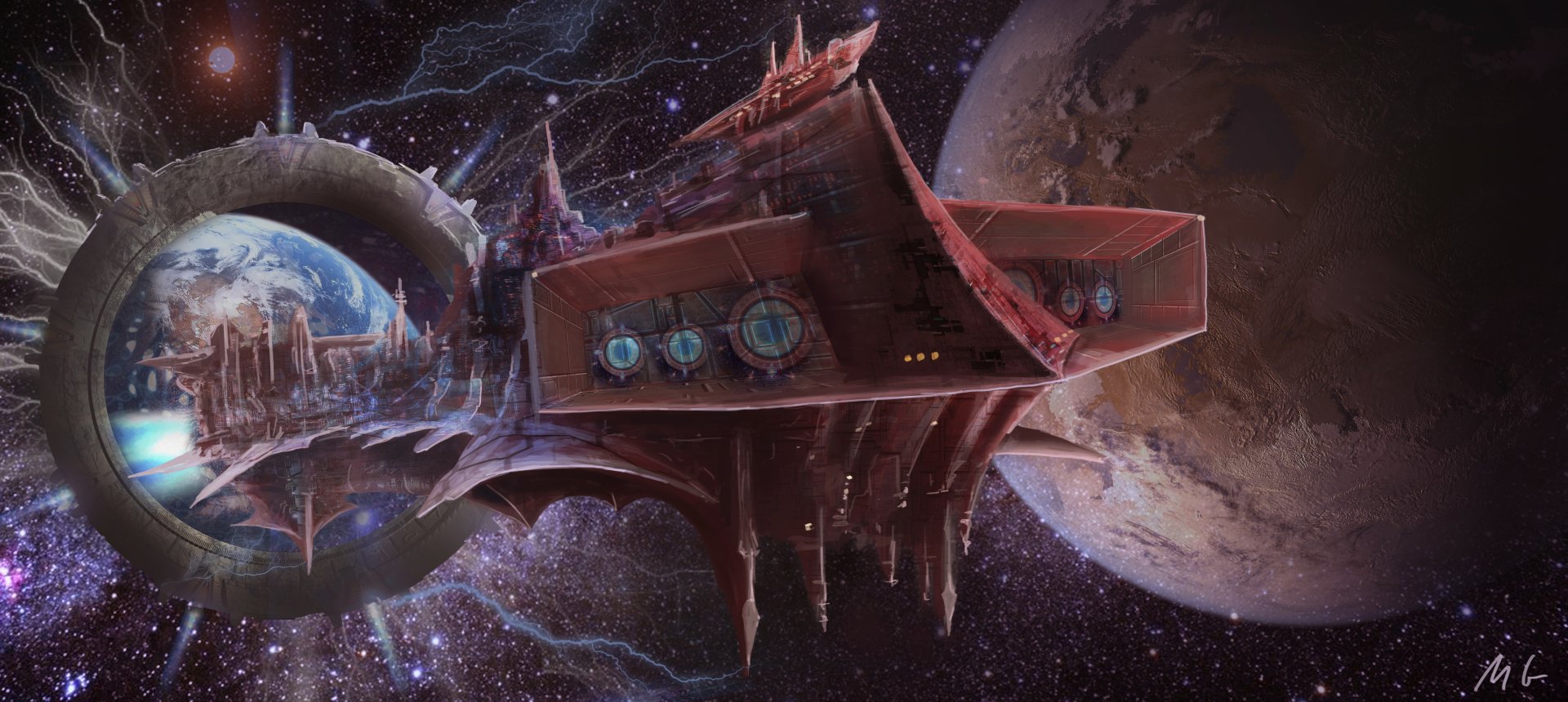 4K Ultra HD Sci-Fi desktop wallpaper featuring a detailed spaceship near a large planet, set against a vibrant space backdrop with stars and cosmic elements.