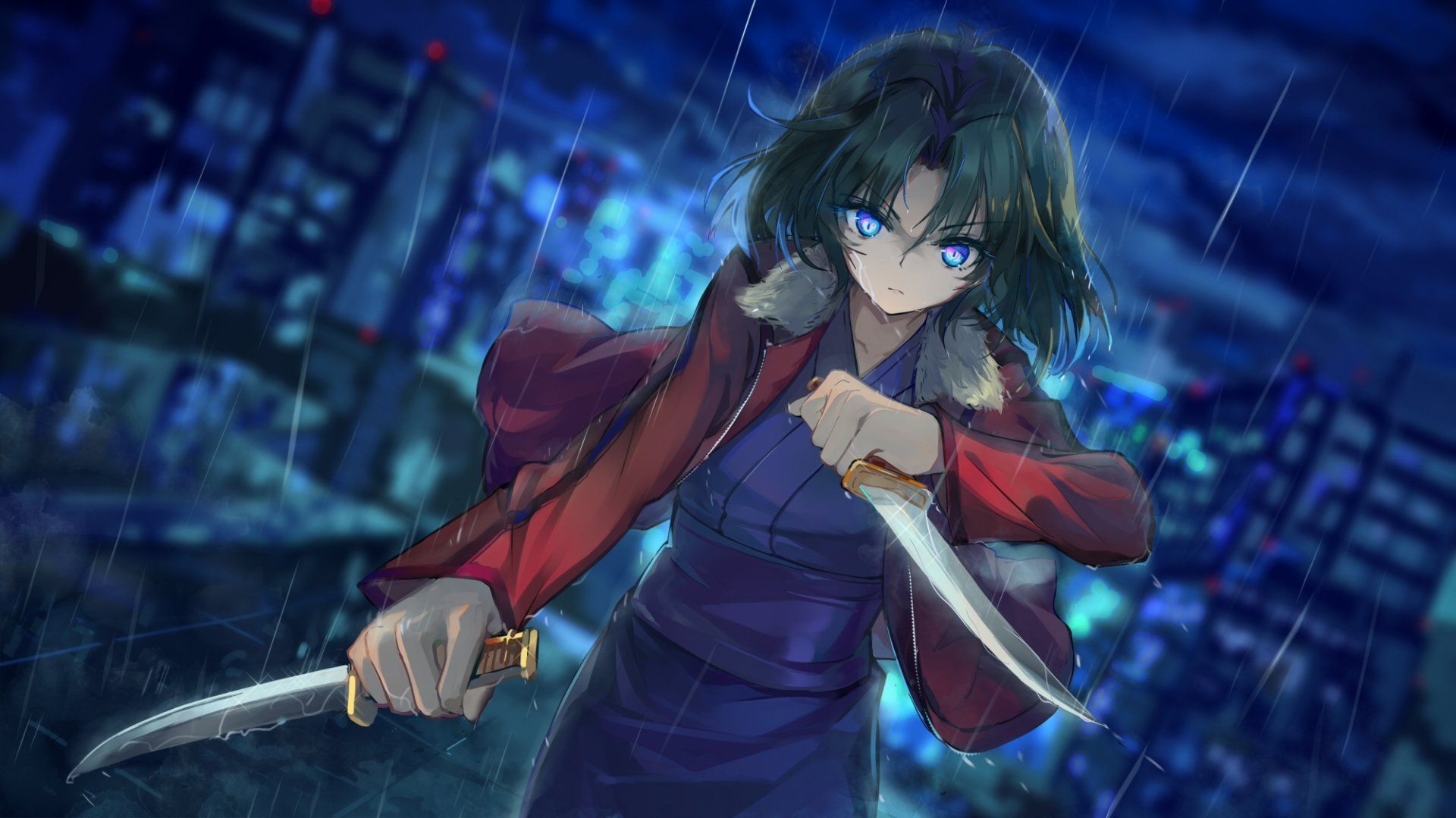 Shiki Ryougi, from the anime Kara no Kyōkai, stands poised with twin blades against a dark, rainy city backdrop, showcasing her strength and determination in this HD wallpaper.
