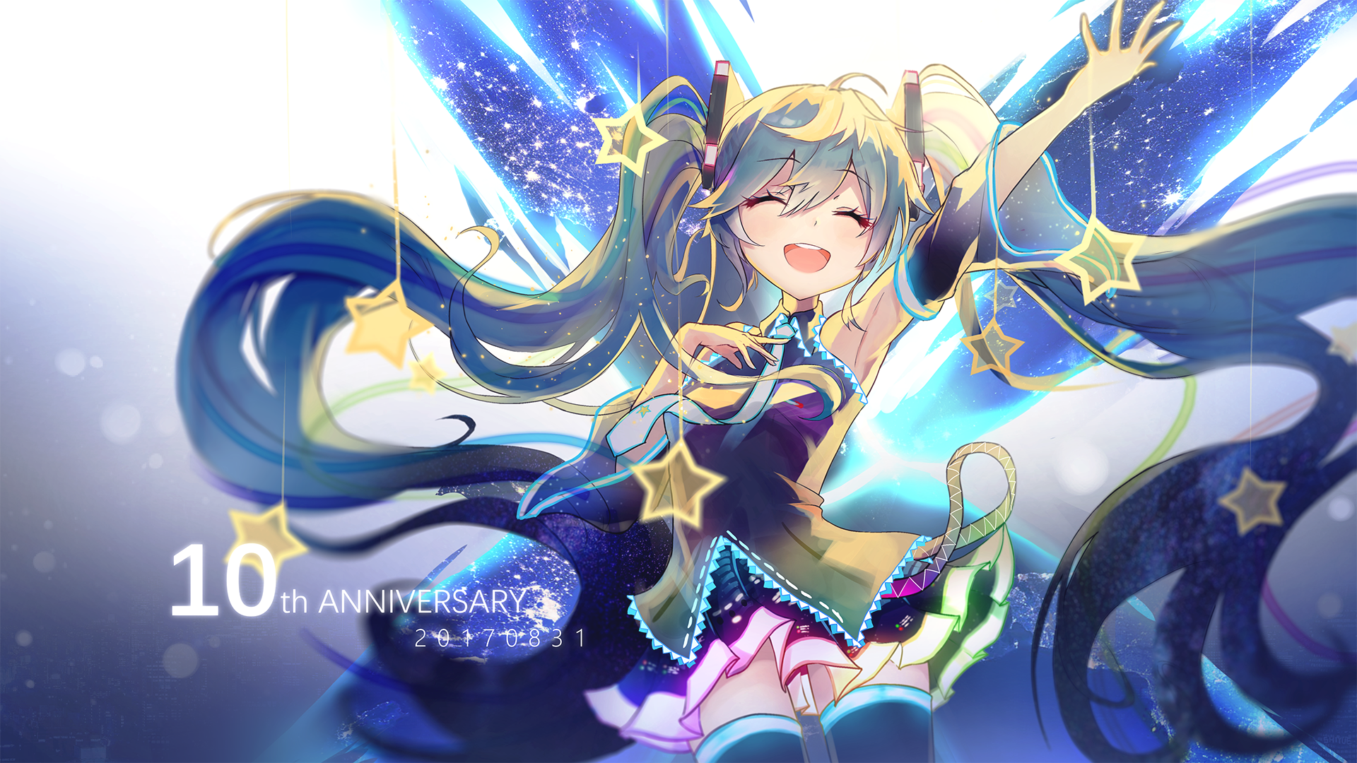 HD desktop wallpaper of anime character Hatsune Miku, celebrating the 10th anniversary, with vibrant colors and dynamic background elements typical of Vocaloid artwork.