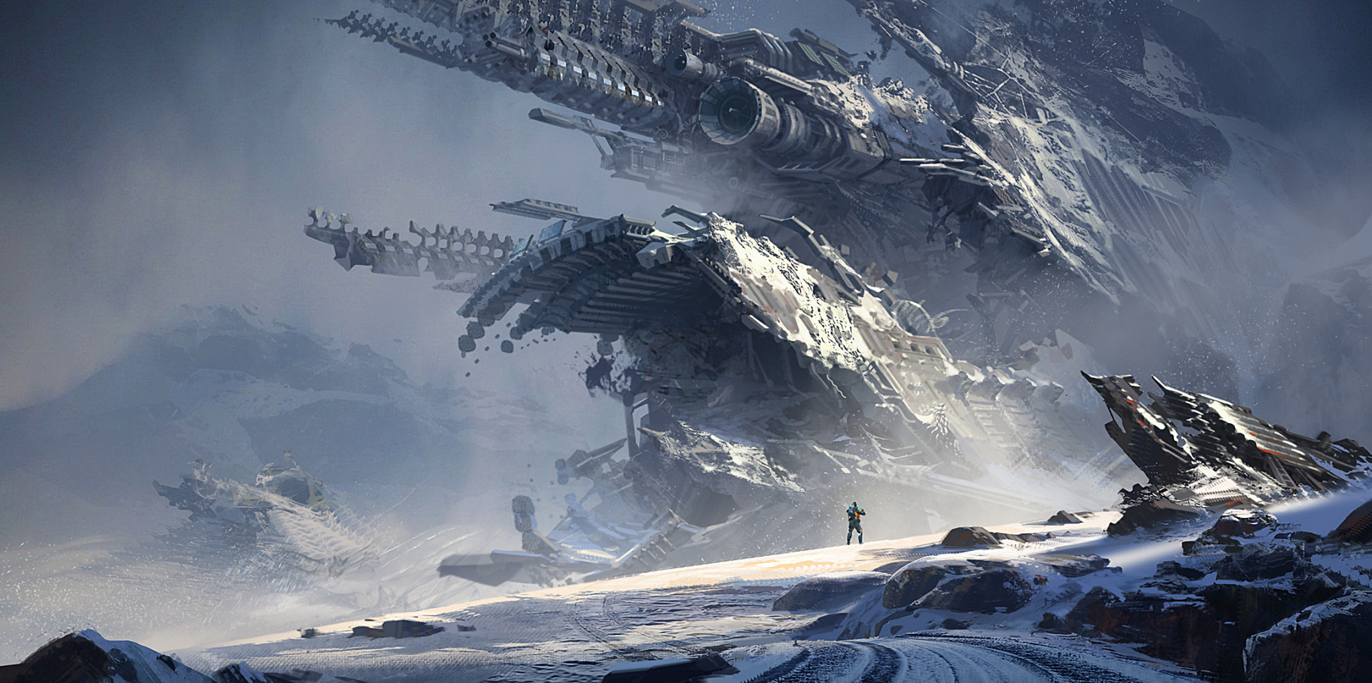 An adventurer stands on a snowy, foggy landscape illuminated by soft sunlight, facing colossal, futuristic structures in a dramatic fantasy world.