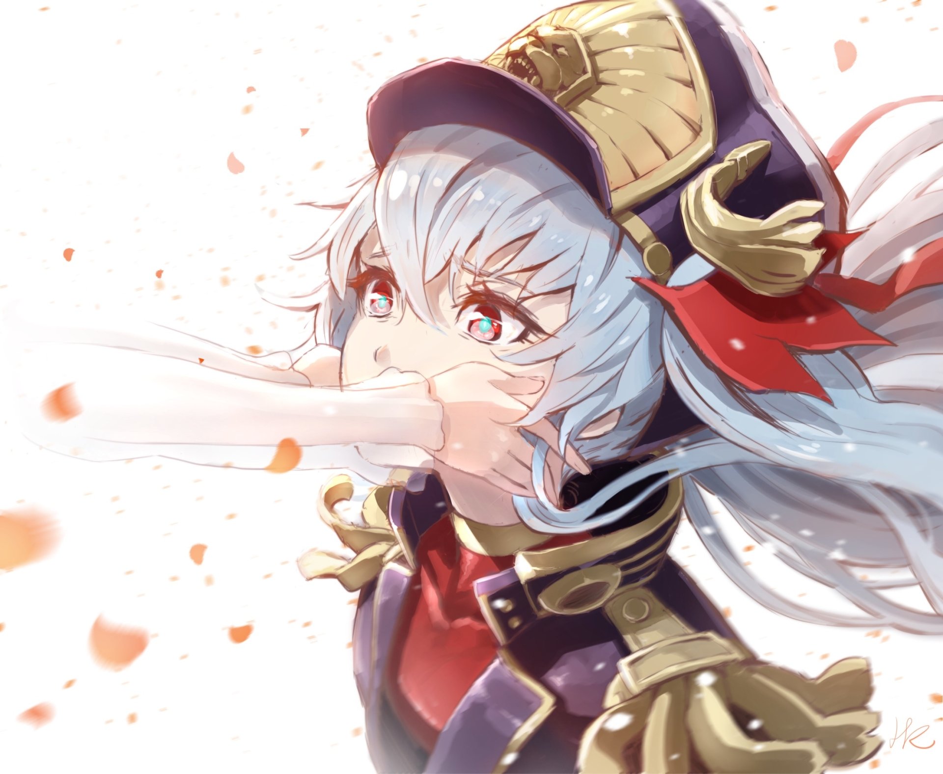 HD desktop wallpaper of Gunpuku no Himegimi from the anime Re:Creators, showcasing the character in dynamic action with light petals floating around.