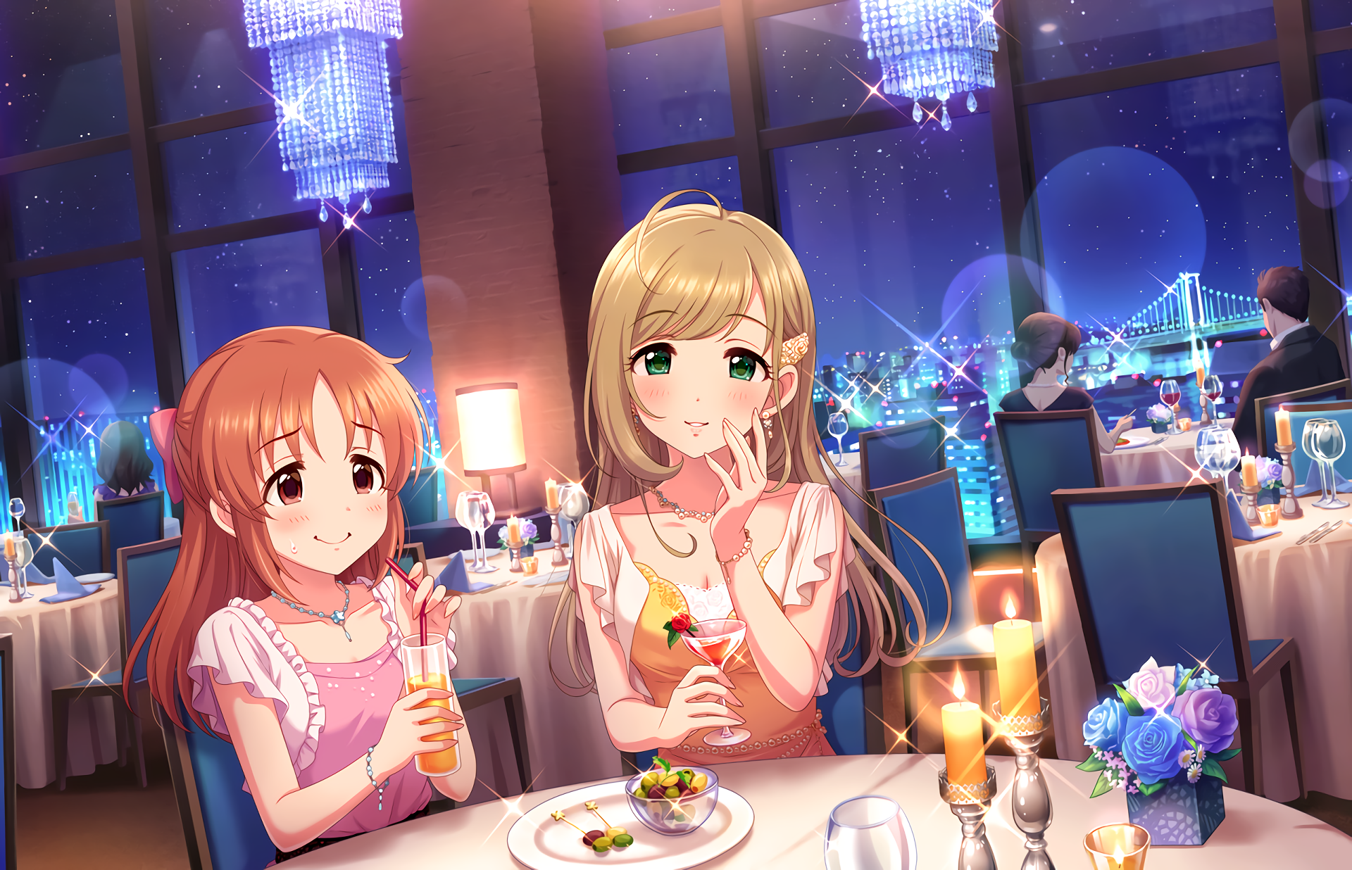 Nana Abe (art by Shin Sato) from THE iDOLM@STER: Cinderella Girls Starlight Stage shares drinks with a friend at a candlelit table in an HD anime desktop wallpaper.