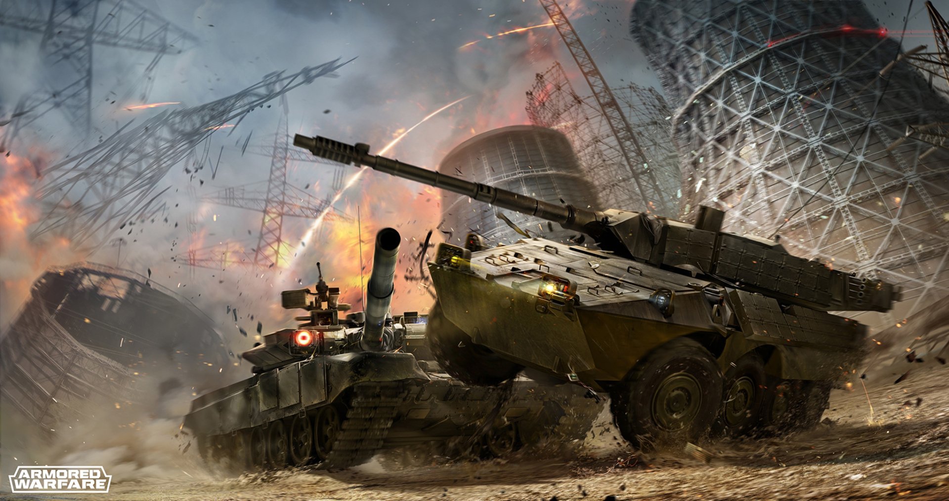 HD desktop wallpaper from the video game Armored Warfare featuring an intense battle with tanks near a power plant amid explosions and debris.