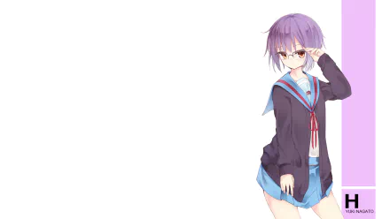 Yuki Nagato from The Melancholy of Haruhi Suzumiya — anime purple-haired girl with glasses in a school uniform, positioned right on a white and purple 2K Quad HD desktop wallpaper.
