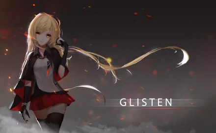 HD anime desktop wallpaper featuring a blonde-haired girl with red eyes, wearing a coat and thigh-highs, with the word GLISTEN written on a dark background with glowing sparks.