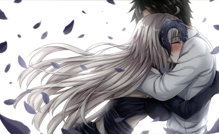 HD desktop wallpaper featuring Avenger Jeanne d'Arc Alter and Fujimaru Ritsuka (Male) from Fate/Grand Order embracing. The background is adorned with falling petals, captured in a tender anime art style.