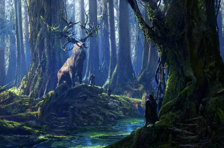 Fantasy forest scene with people near a river, giant deer, and towering trees. HD desktop wallpaper and background.