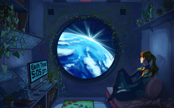 A woman gazes out of a space station window at Earth during sunrise. The room is adorned with plants and futuristic decor. An Earth-time clock shows 5:05 AM. HD desktop wallpaper and background.
