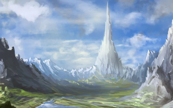 A high-definition desktop wallpaper featuring a stunning fantasy landscape with a towering mountain peak, lush green valleys, and a serene river under a partly cloudy sky.