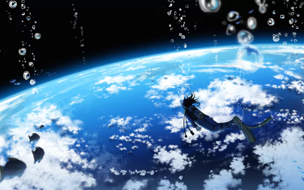 Anime-inspired HD wallpaper featuring a person and fish floating among water bubbles in space, with Earth and clouds in the background.