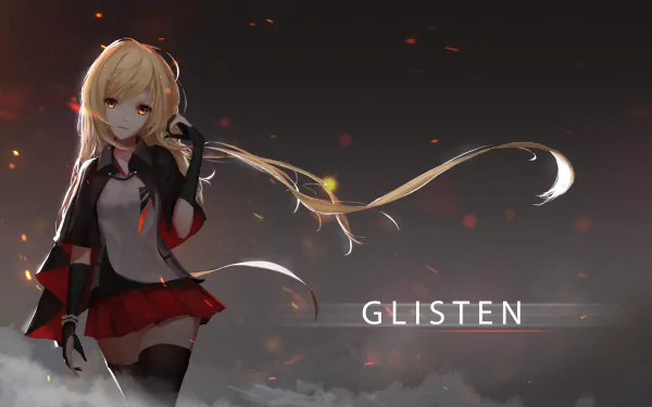 HD anime desktop wallpaper featuring a blonde-haired girl with red eyes, wearing a coat and thigh-highs, with the word GLISTEN written on a dark background with glowing sparks.