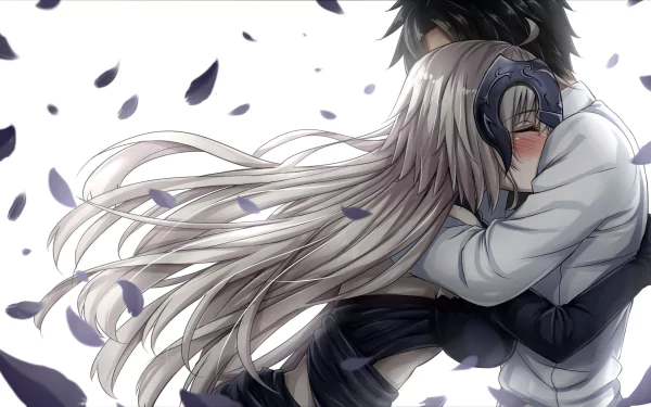 HD desktop wallpaper featuring Avenger Jeanne d'Arc Alter and Fujimaru Ritsuka (Male) from Fate/Grand Order embracing. The background is adorned with falling petals, captured in a tender anime art style.