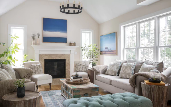 Bright living room lounge with cozy sofas, a fireplace, modern furniture, and large windows, captured in a high-definition PC desktop wallpaper and background.