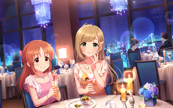 Nana Abe (art by Shin Sato) from THE iDOLM@STER: Cinderella Girls Starlight Stage shares drinks with a friend at a candlelit table in an HD anime desktop wallpaper.