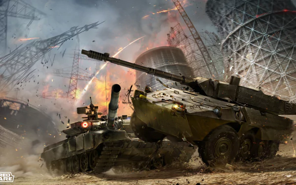 HD desktop wallpaper from the video game Armored Warfare featuring an intense battle with tanks near a power plant amid explosions and debris.