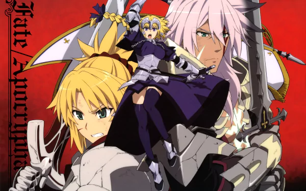 4K Ultra HD desktop wallpaper featuring Ruler, Saber of Red, Saber of Black, and Mordred from the anime Fate/Apocrypha against a bold red background.