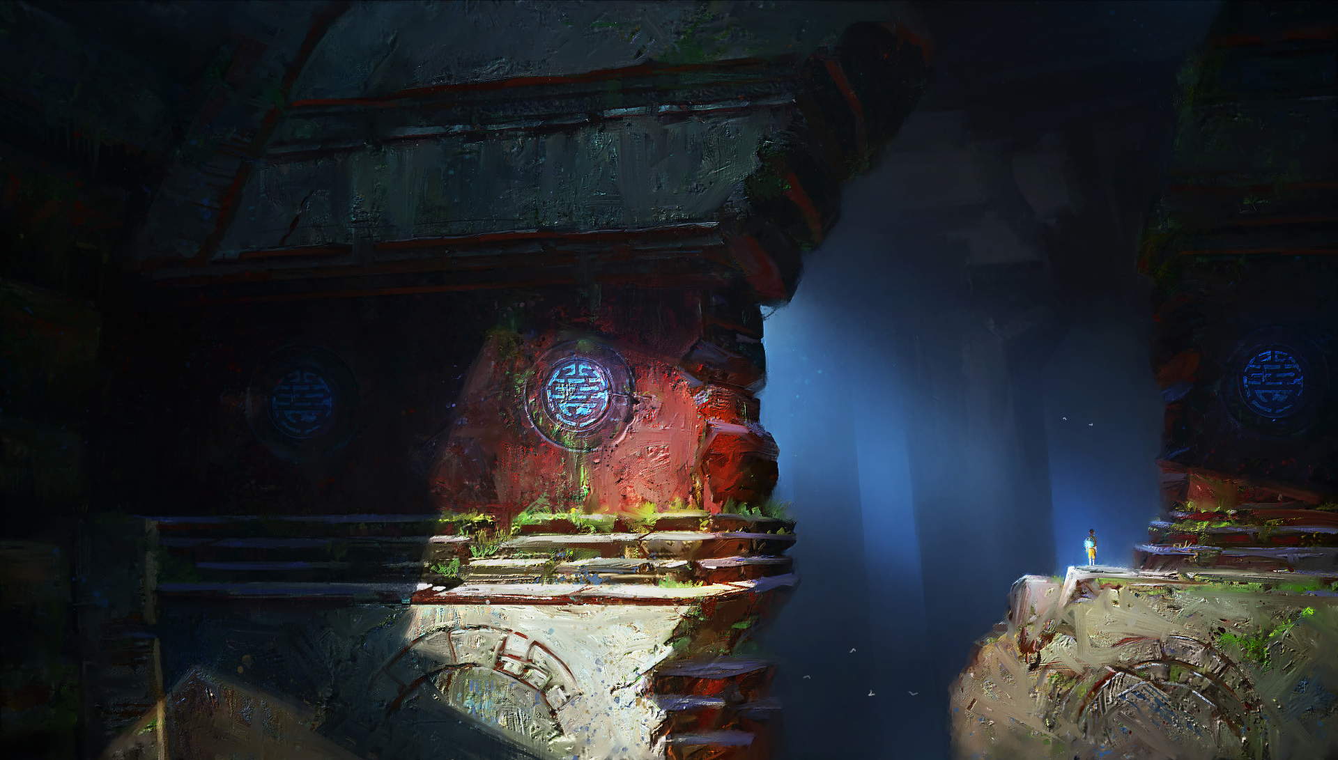 A dark fantasy HD wallpaper showing an adventurer inside an ancient cave ruin illuminated by sunlight, featuring mysterious symbols on crumbling walls.