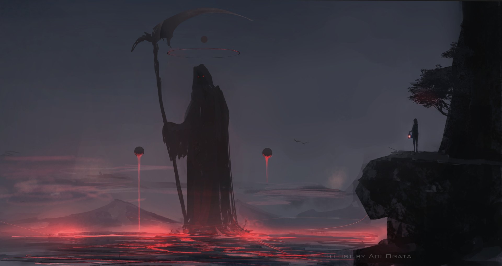 An HD anime wallpaper featuring a mysterious hooded figure holding a scythe, standing in a dark, moonlit landscape with a lantern, as another figure looks on from a cliff.