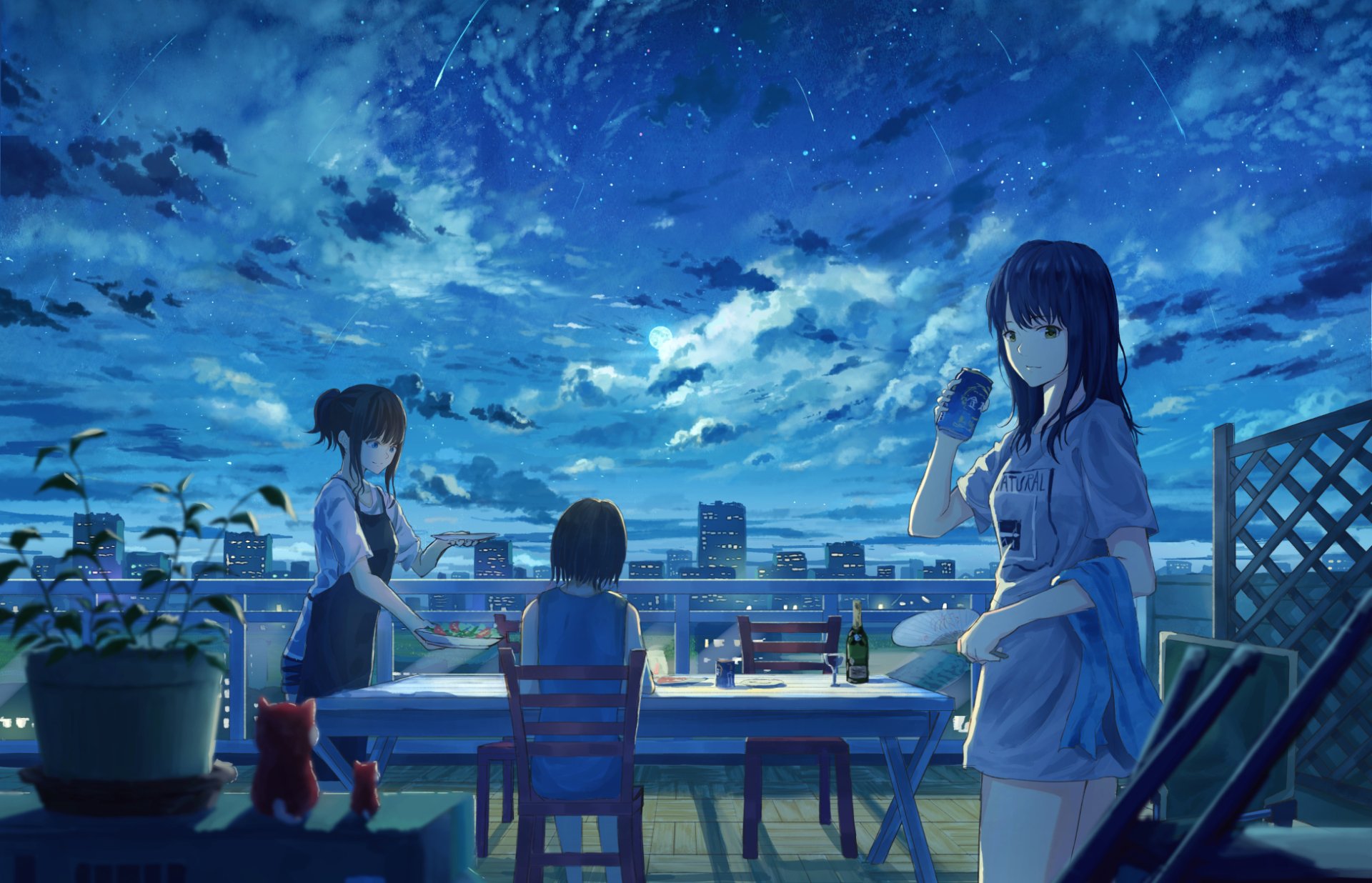 HD anime desktop wallpaper features an original scene of three girls dining on a rooftop under a starlit sky. The background showcases city lights and a serene, cloud-speckled night.