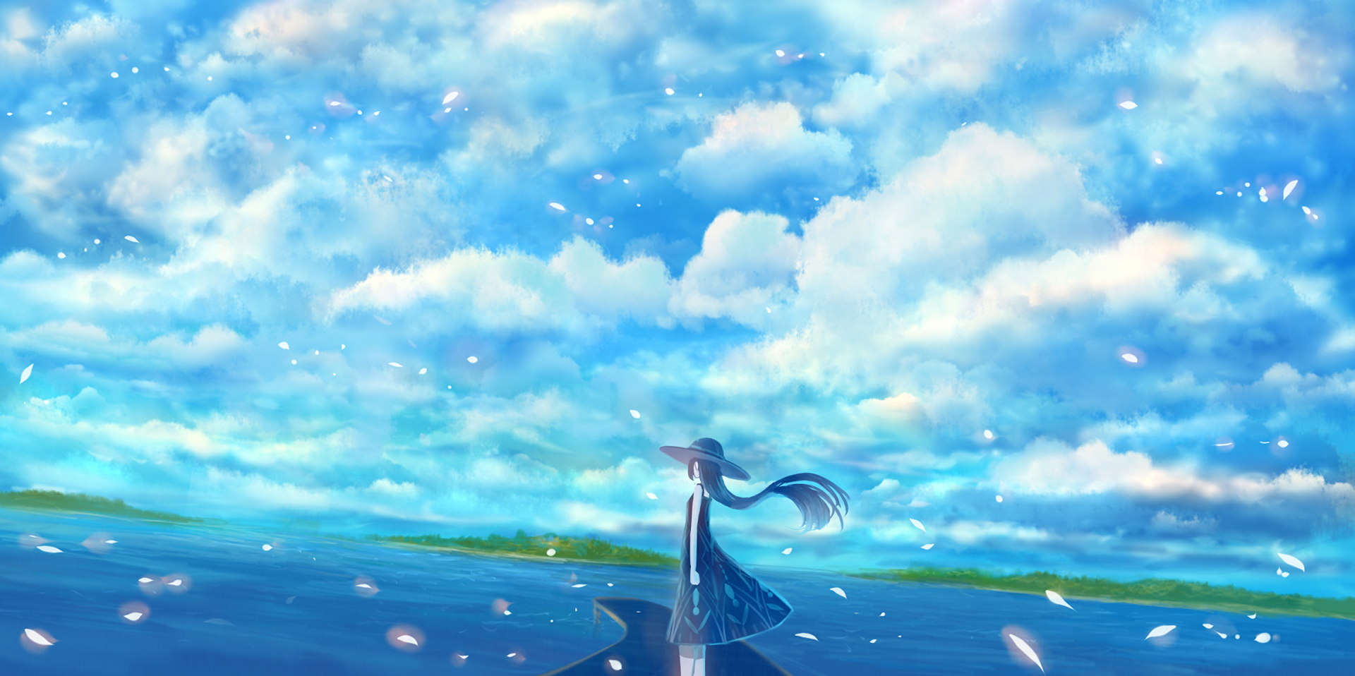 Anime Original HD PC desktop wallpaper and background: lone girl on a shore, hair and coat billowing beneath a vast cloudy sky, with sparkling petals drifting over a calm, shimmering sea.
