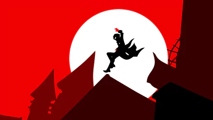 Dynamic silhouette of a character leaping against a vibrant red backdrop, inspired by Persona 5, showcased as an HD PC desktop wallpaper and background.