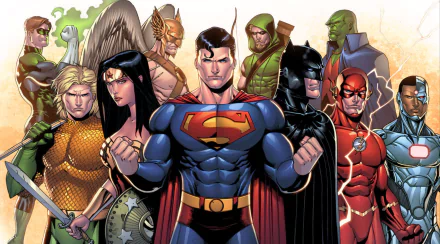 HD desktop wallpaper featuring iconic DC Comics characters: Superman, Batman, Wonder Woman, Flash, Aquaman, Cyborg, Green Arrow, Green Lantern, Hawkman, and Martian Manhunter from the Justice League.
