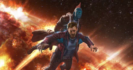 HD PC desktop wallpaper featuring Star Lord and Yondu Udonta from the movie Guardians of the Galaxy Vol. 2 against a fiery cosmic background.
