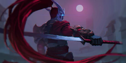 HD desktop wallpaper featuring Yasuo from League of Legends, shown in a dynamic pose holding a sword against a moody, violet-hued background with a glowing moon.