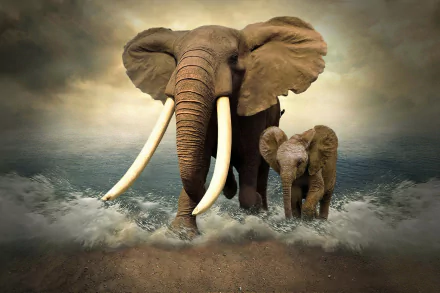 Artwork of a large and baby elephant walking out of the ocean waves, under a cloudy sky. This HD desktop wallpaper showcases an artistic, manipulated fantasy scene merging sea and elephants.