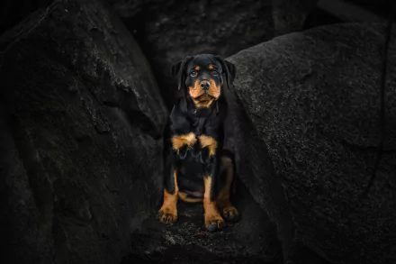 HD wallpaper of a Rottweiler puppy with a focused stare, nestled among dark rocks, creating a dramatic background.