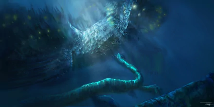 4K Ultra HD PC desktop wallpaper/background: an underwater fantasy sea monster creature glowing with bioluminescent fins and long tentacle-like limbs drifting through deep blue depths.