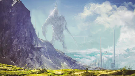 A breathtaking landscape featuring towering mountains and a giant figure amidst clouds, with futuristic skyscrapers rising in the background. A stunning 4K Ultra HD fantasy wallpaper.