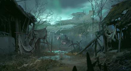A dark, fantasy HD wallpaper depicting an abandoned village with a horse skeleton amidst decaying buildings and barren trees under a gloomy sky.