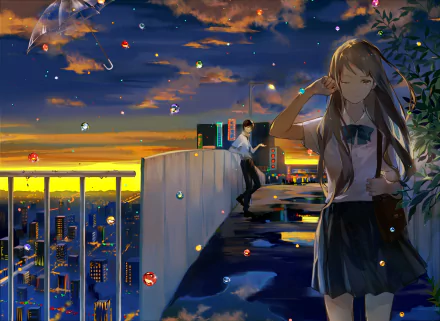 Anime-style HD desktop wallpaper featuring a cityscape at sunset with a bridge and two characters in school uniforms.