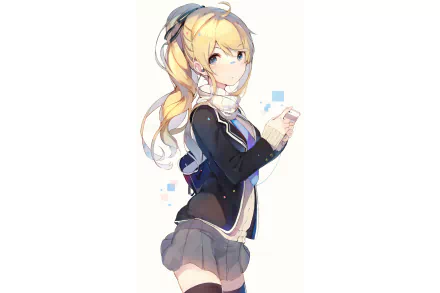 Anime-style blonde girl with blue eyes and a ponytail wearing a school uniform, thigh highs, and a scarf, holding a phone in this HD PC desktop wallpaper.