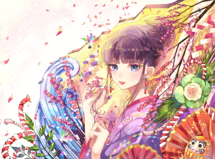 HD wallpaper featuring an anime girl with blue eyes in a colorful kimono, adorned with flowers, celebrating a festival. The background is filled with festive decorations and intricate patterns.