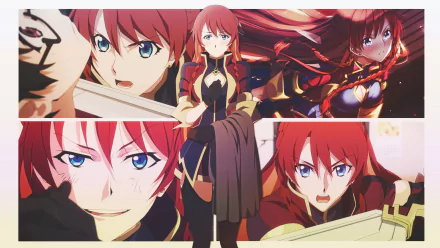 HD PC desktop wallpaper featuring Selesia Yupitiria from the anime Re:Creators, showcasing multiple dynamic poses with vibrant red and black tones.