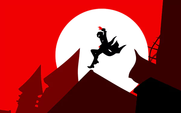 Dynamic silhouette of a character leaping against a vibrant red backdrop, inspired by Persona 5, showcased as an HD PC desktop wallpaper and background.